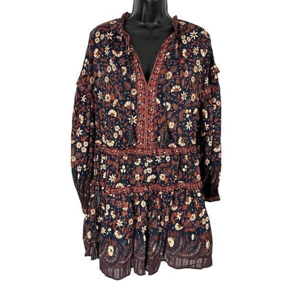 Ulla Johnson Marigold Floral‎ Print Long Sleeve Tassel Mini Dress Blue Size 4